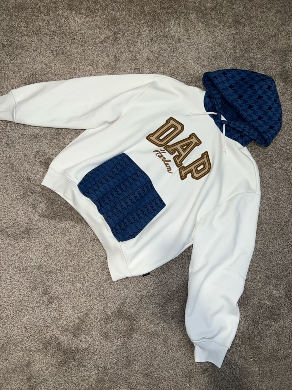 GAP DAP Harlem White Hoodie with Blue Patterned Hood & Brown Lettering